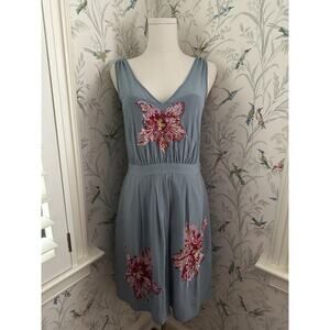 Anthropologie Purple-Grey Midi Dress with Pink Floral Embellishments